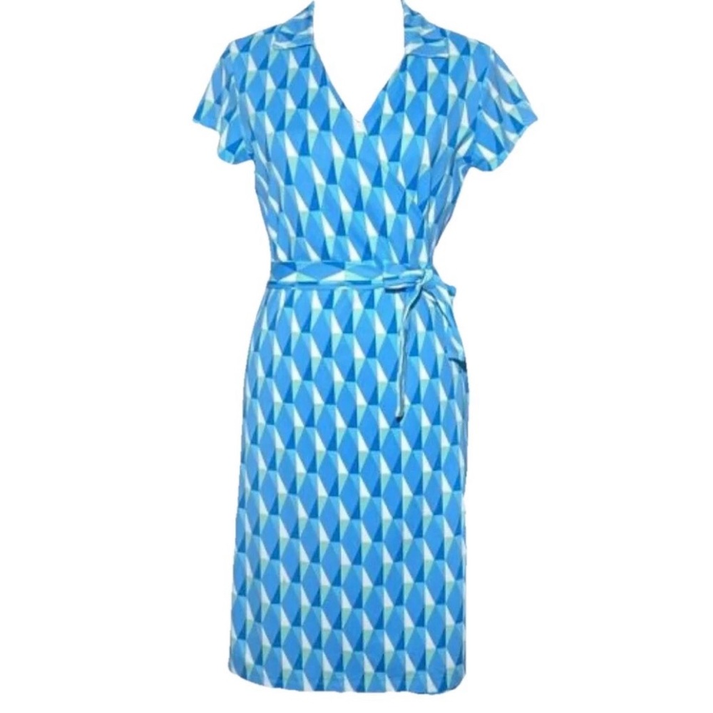 J McLaughlin Blue Wrap Dress Womens Large Catalina Cloth Geometric Collar Preppy